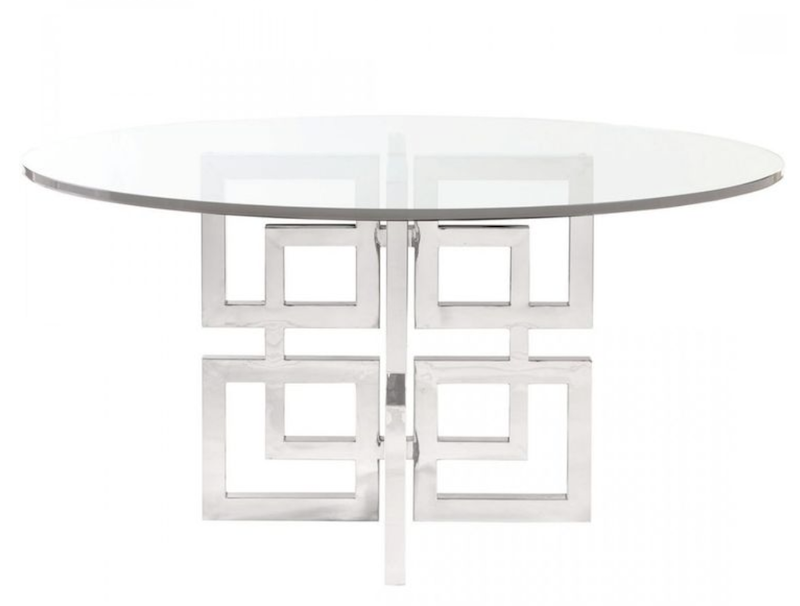 Round glass dining table with stainless steel base