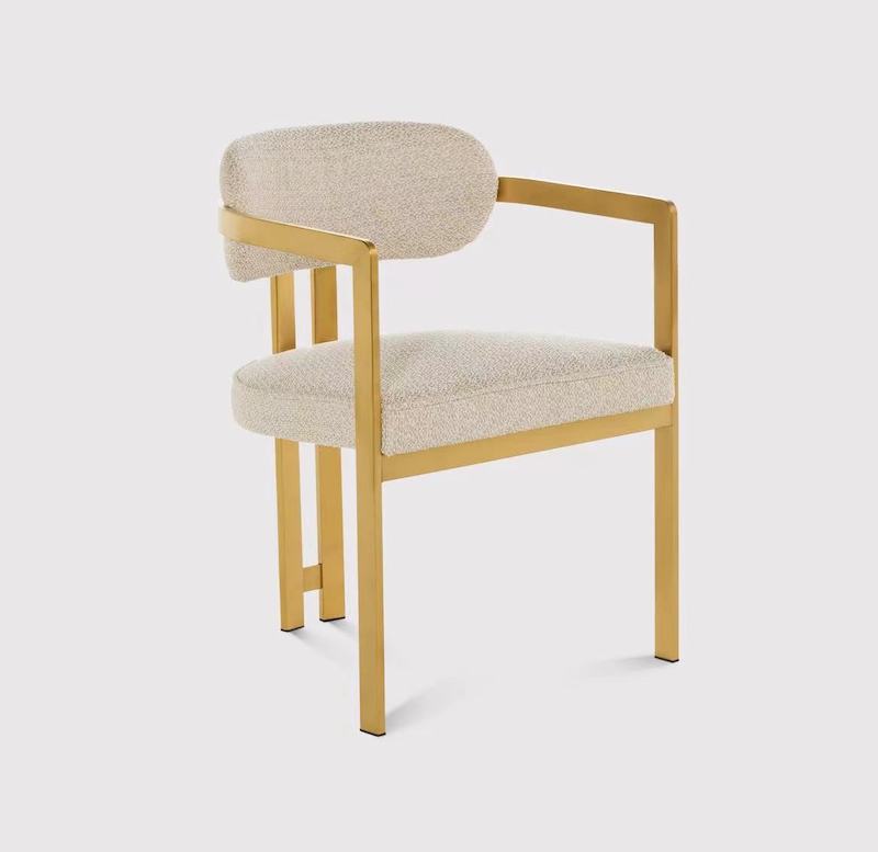 Modern contemporary Cream Boucle Fabric Arms Dining Chairs Gold Brass Frame